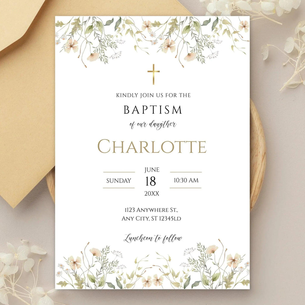 Baptism Invitation Girl | Wildflower Christening Template | Printable Baptism Card | Baby Girl Baptism Invite | Instant Download - Lovely Printable Party