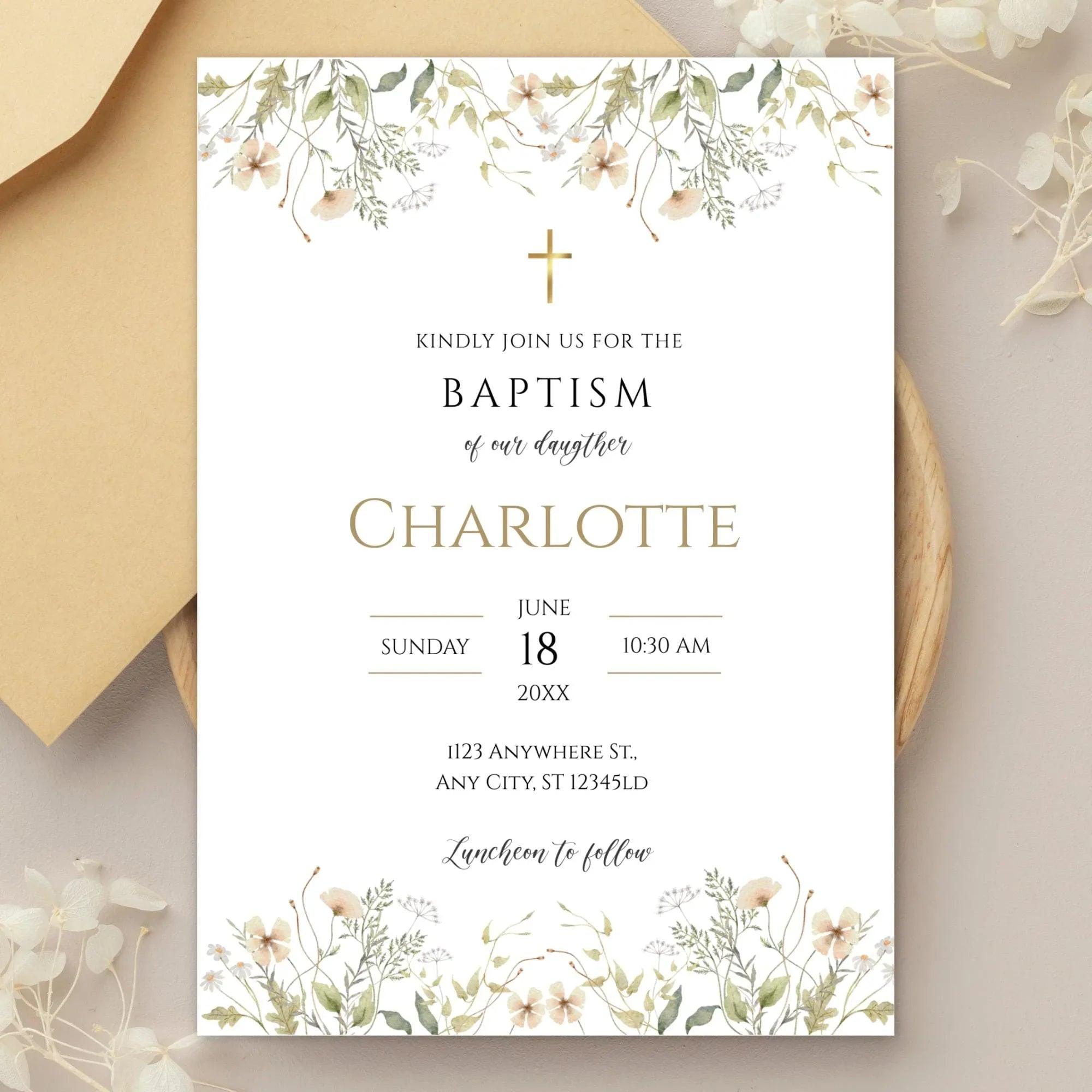 Baptism Invitation Girl | Wildflower Christening Template | Printable Baptism Card | Baby Girl Baptism Invite | Instant Download - Lovely Printable Party