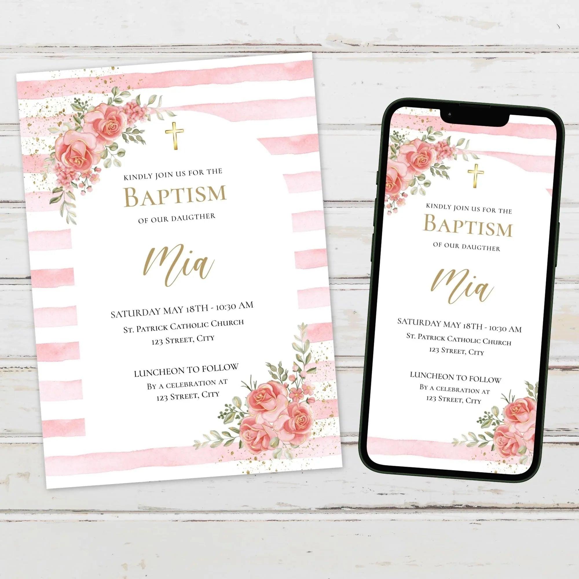 Editable Girl Baptism Invitation Pink Floral Template | Corjl Instant Download | Christening Invite Digital File - Lovely Printable Party