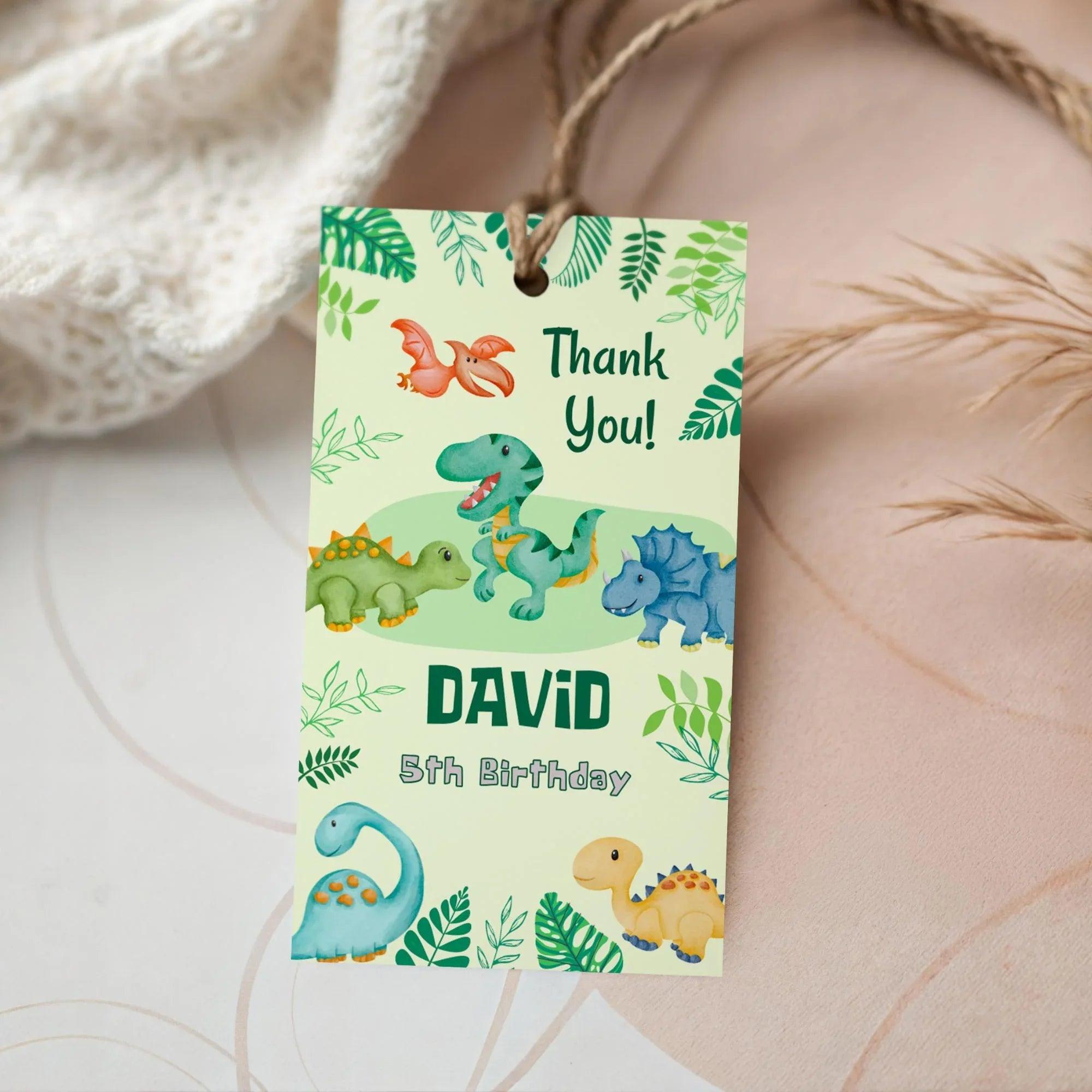 Editable Dinosaur Thank You Tags | Green Jungle Party Favor Tags | Cute Watercolor Dino Theme | Digital Corjl Template for Boys Birthday - Lovely Printable Party