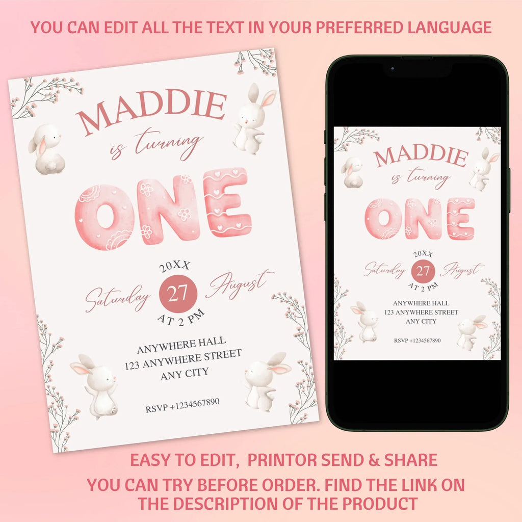 Watercolor Rabbit Birthday Invitation, Rabbit 1st Birthday Invite, Girl Bunny Birthday, Pink Floral, Editable Bunny, Invite Template - Lovely Party