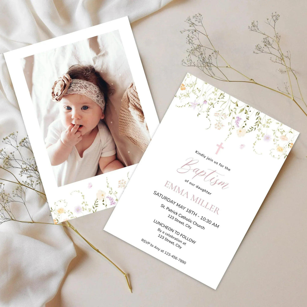 Girl Baptism Invitation with Photo – Corjl Template – Printable Floral Christening Invite – Digital Download - Lovely Printable Party
