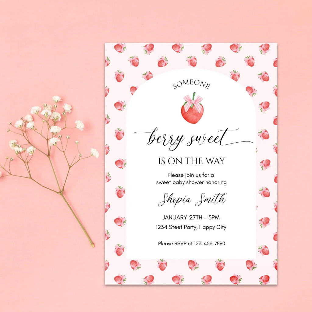 Strawberry Baby Shower Invitation Template, Berry Sweet Baby on the Way Invite, Berry Sweet Invitation, Printable Invite, Shower Evite - Lovely Printable Party