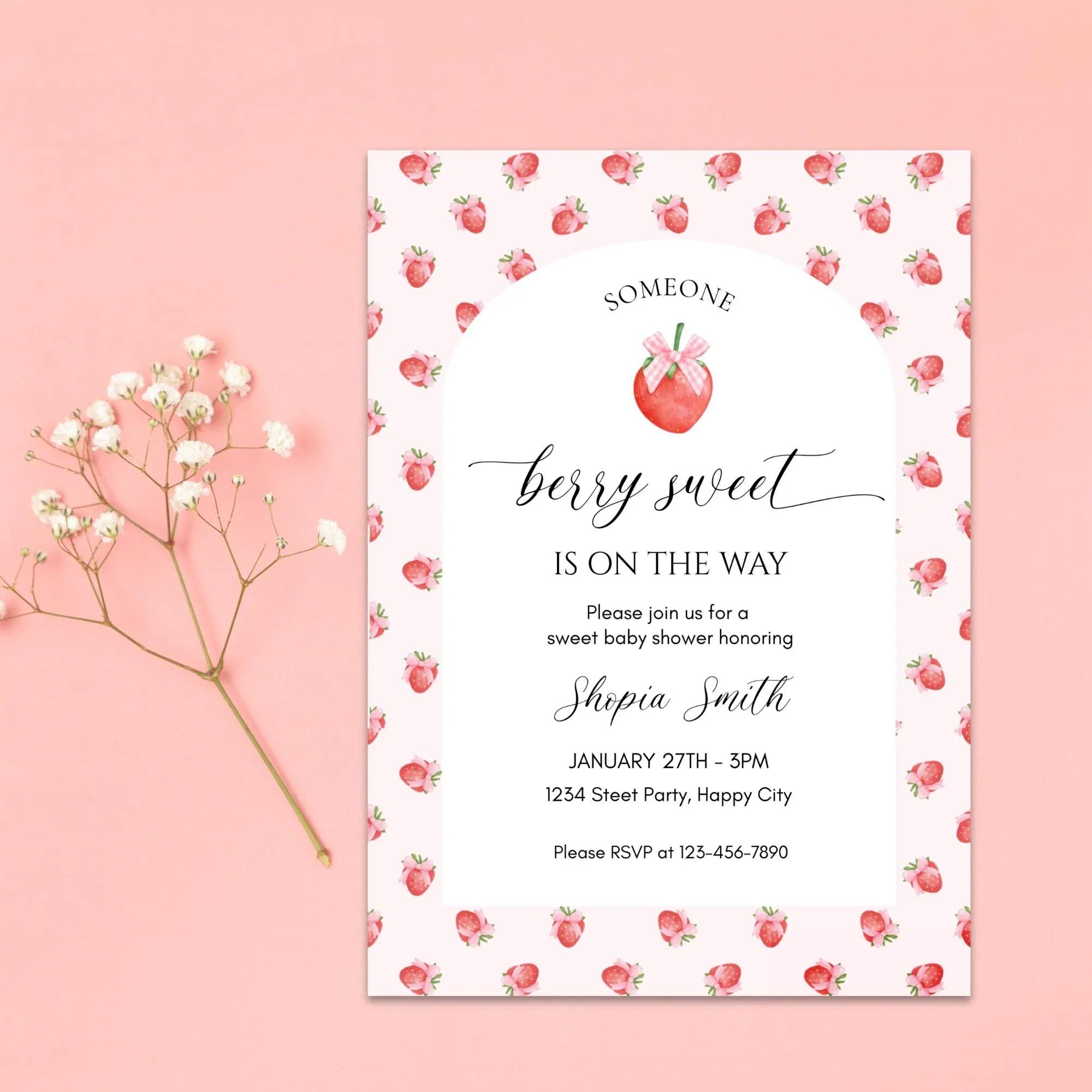 Strawberry Baby Shower Invitation Template, Berry Sweet Baby on the Way Invite, Berry Sweet Invitation, Printable Invite, Shower Evite - Lovely Printable Party