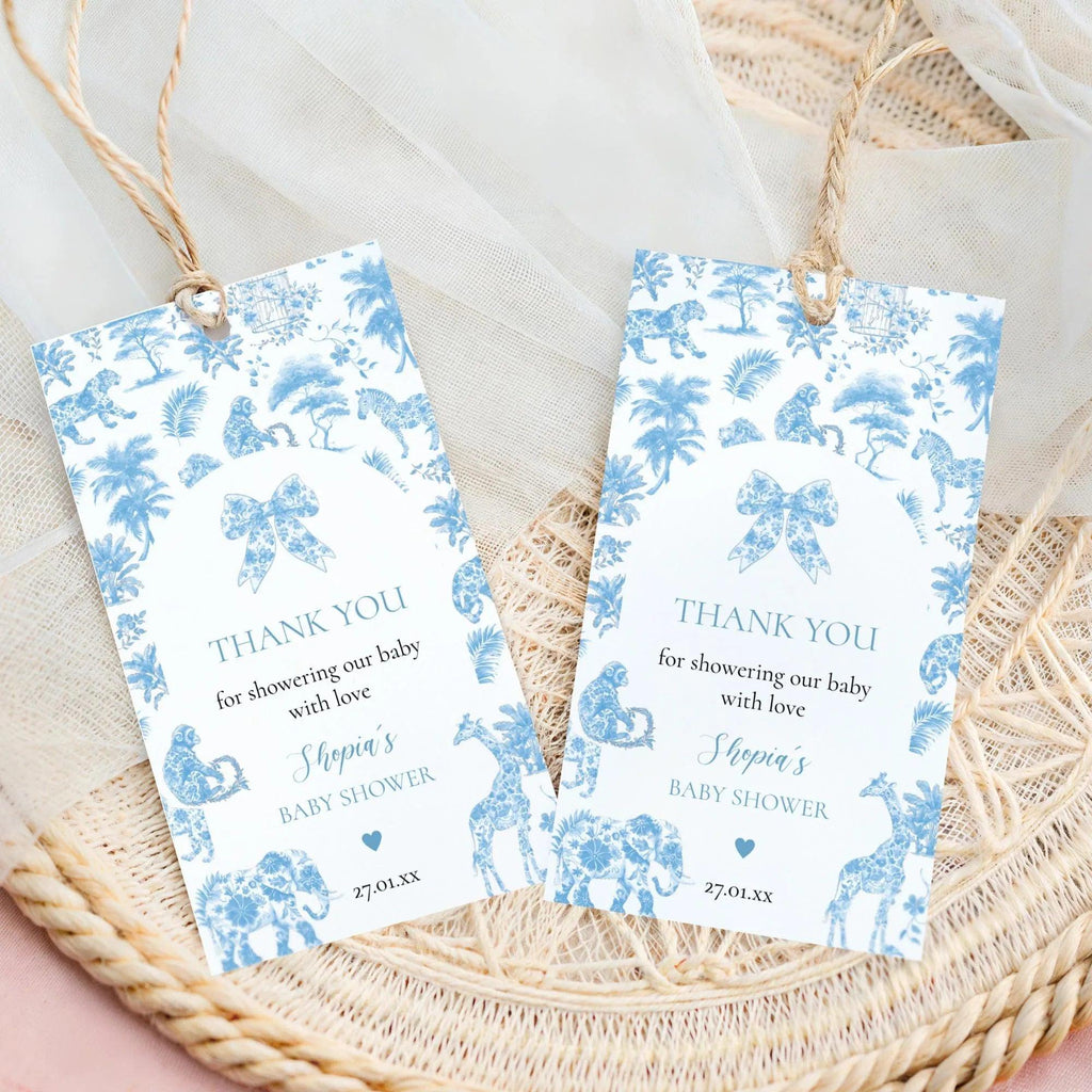 Blue Toile de Jouy Baby Shower Bundle – Invitation, Welcome Sign & Favor Tag – Safari Jungle Animals Party Set – Editable and Printable - Lovely Printable Party