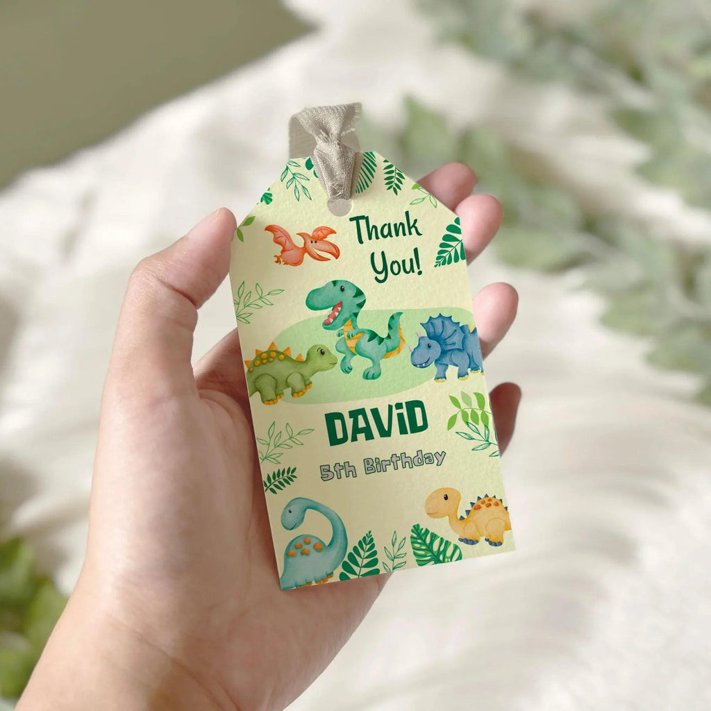 Editable Dinosaur Thank You Tags | Green Jungle Party Favor Tags | Cute Watercolor Dino Theme | Digital Corjl Template for Boys Birthday - Lovely Printable Party