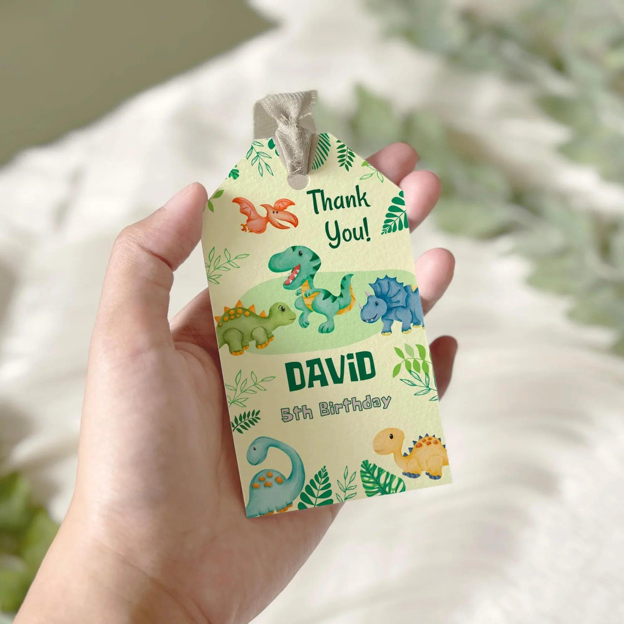 Editable Dinosaur Thank You Tags | Green Jungle Party Favor Tags | Cute Watercolor Dino Theme | Digital Corjl Template for Boys Birthday - Lovely Printable Party