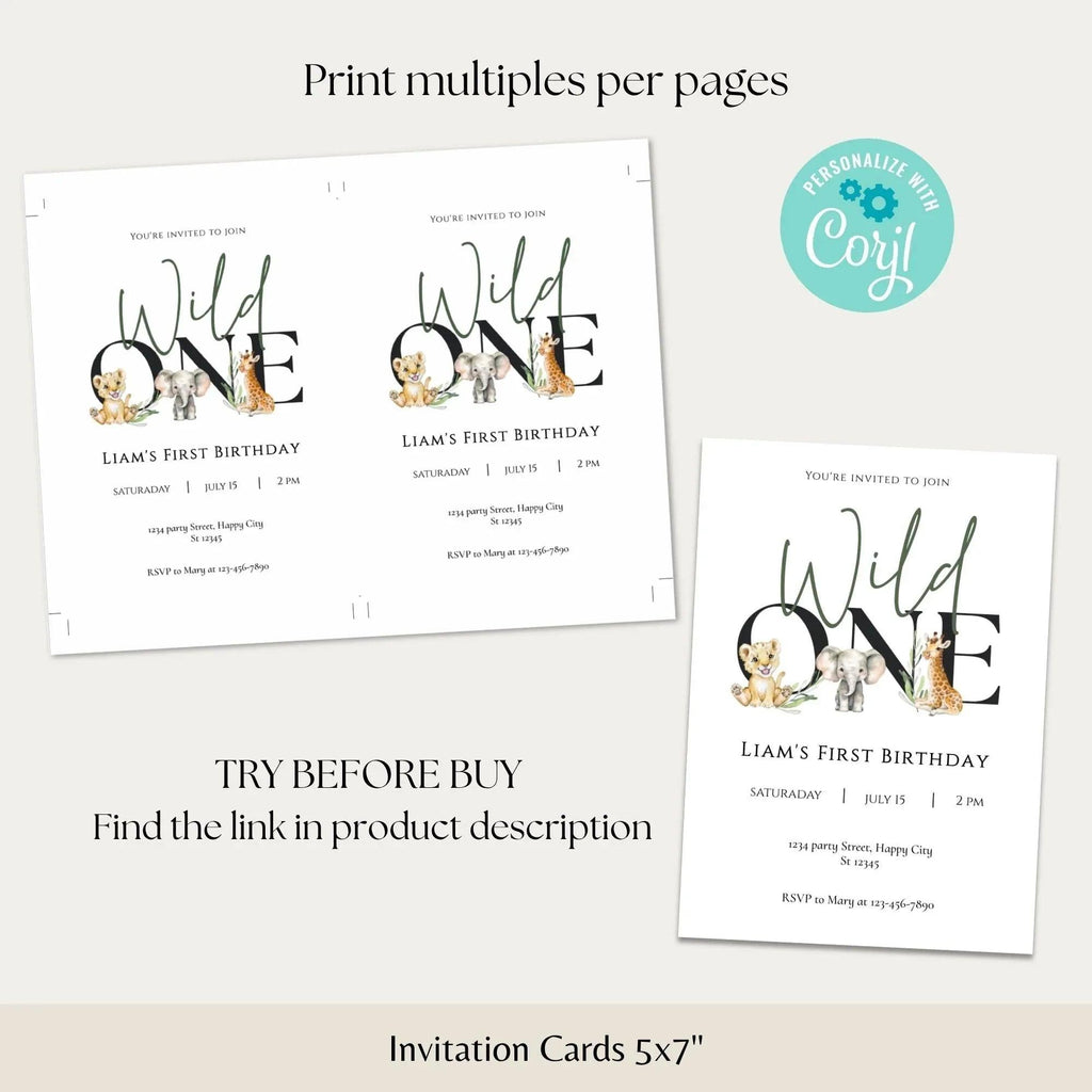 Wild One First Birthday Invitation Editable | Safari Jungle Party Invite Corjl | Digital Animal Birthday Card for Boy - Lovely Printable Party