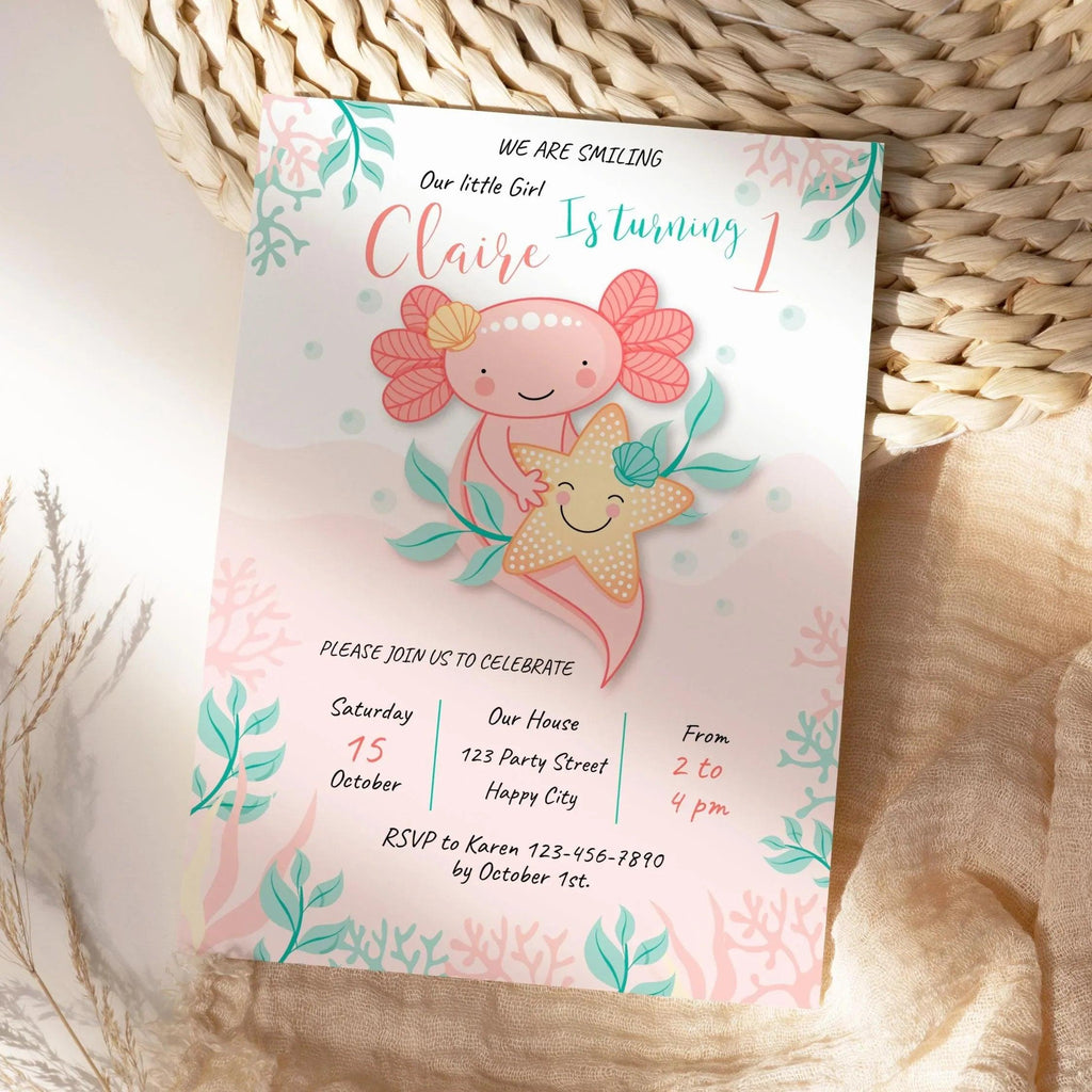 Axolotl Pink Birthday Invitation Instant Download Digital template - Lovely Printable Party