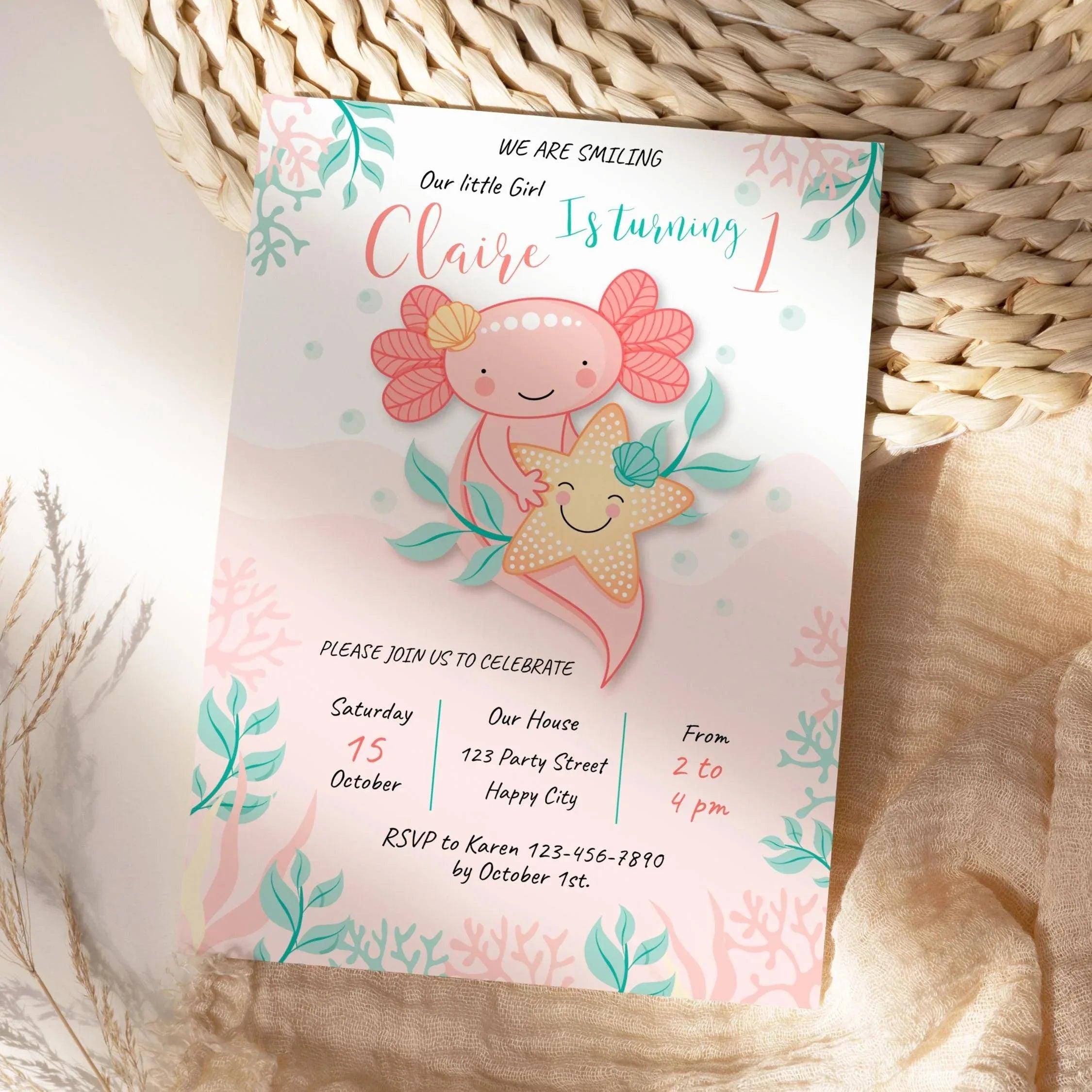 Axolotl Pink Birthday Invitation Instant Download Digital template - Lovely Printable Party
