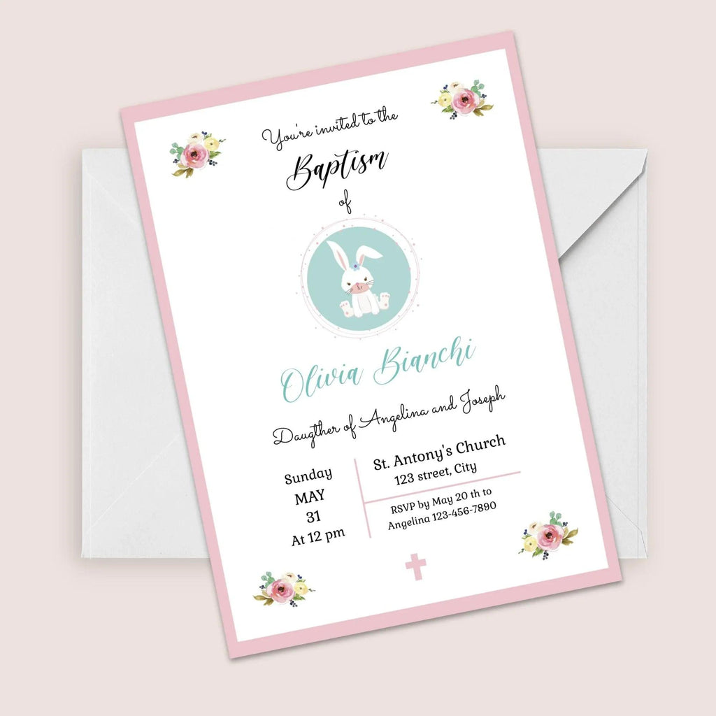 Girl Baptism Invitation – Pink Floral Bunny Theme – Corjl Template – Printable Christening Card - Lovely Printable Party