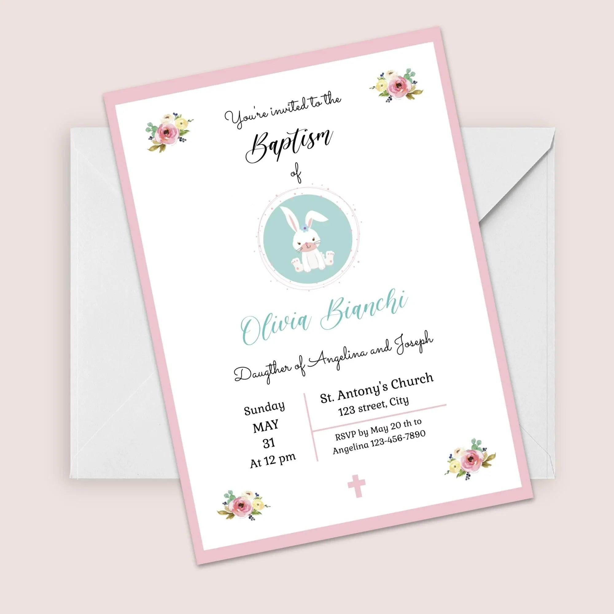 Girl Baptism Invitation – Pink Floral Bunny Theme – Corjl Template – Printable Christening Card - Lovely Printable Party