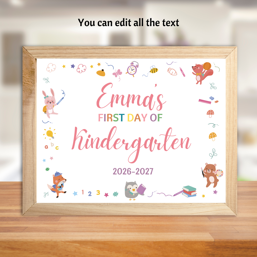 First Day of School Sign | Preschool Kindergarten Photo Prop | 3 Sizes | Editable Canva Template | Instant Download