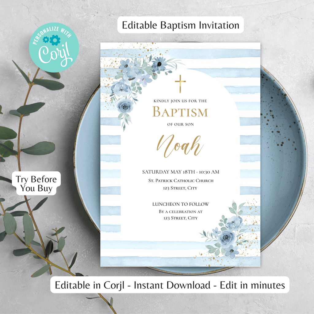 Boy Baptism Invitation | Blue Floral | Editable Corjl Template | Printable Christening Invite | Instant Download