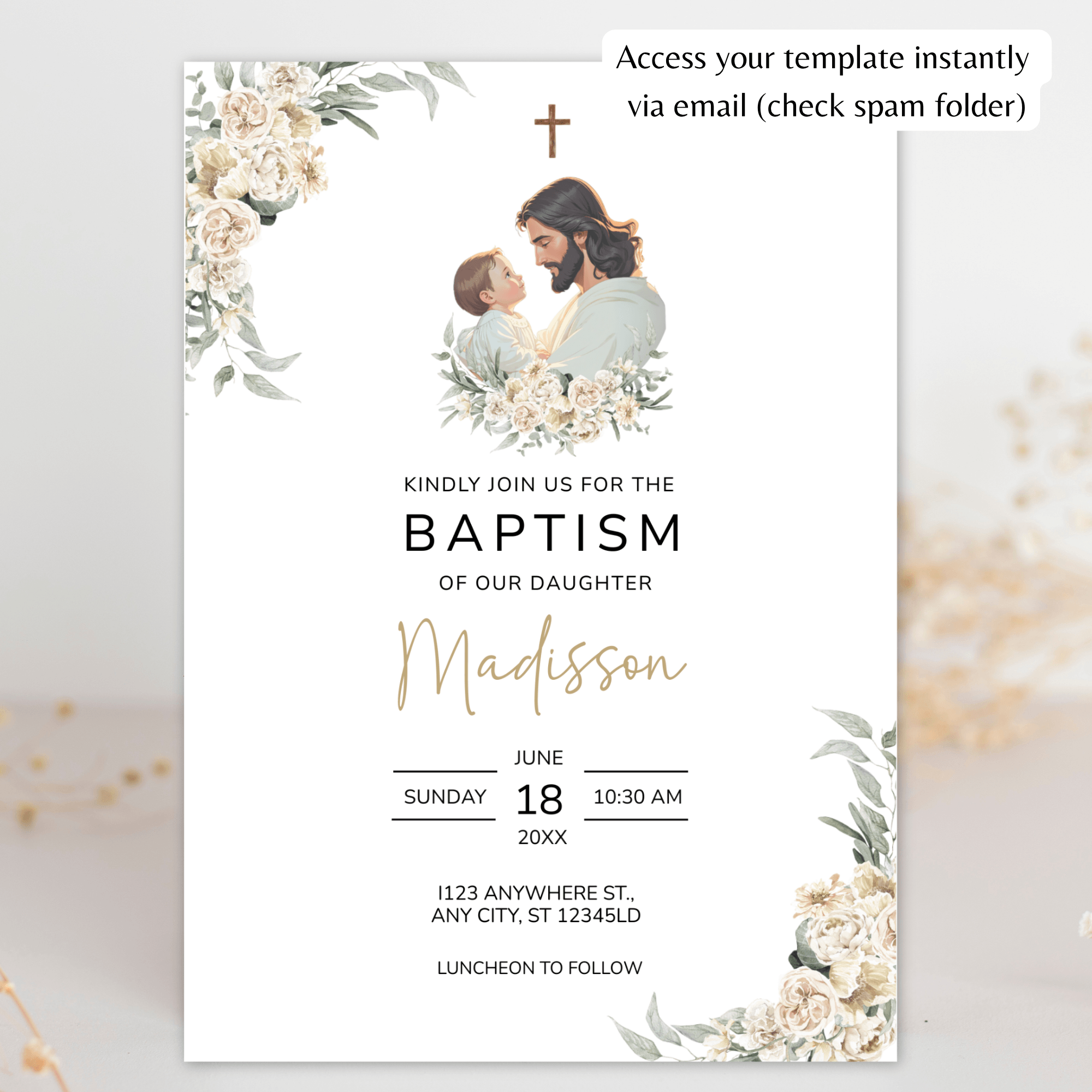 Girl Baptism Invitation | Catholic Christening | Floral Jesus & Baby | Editable Corjl Template | Instant Download
