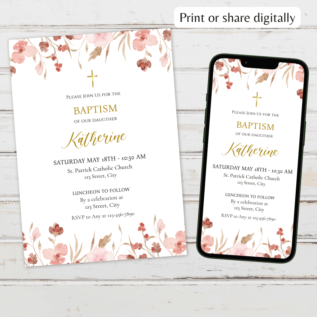 Girl Baptism Invitation | Pink Floral | Editable Corjl Template | Printable Christening Invite | Instant Download