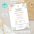 Baptism Invitation Girl Editable Template - Salmon Flowers & Green Leaves Design