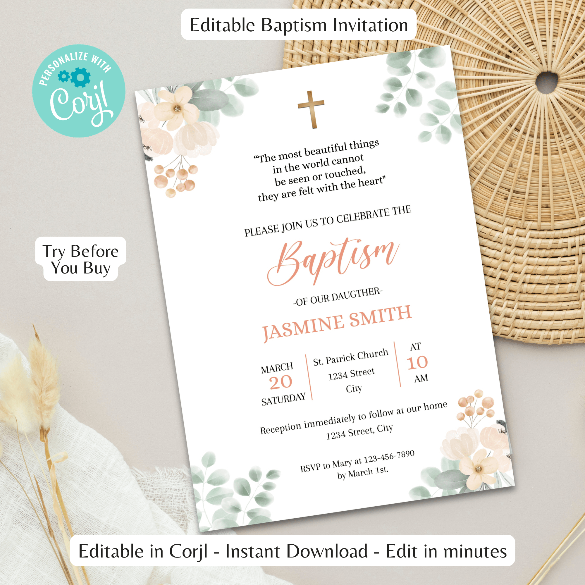 Baptism Invitation Girl Editable Template - Salmon Flowers & Green Leaves Design