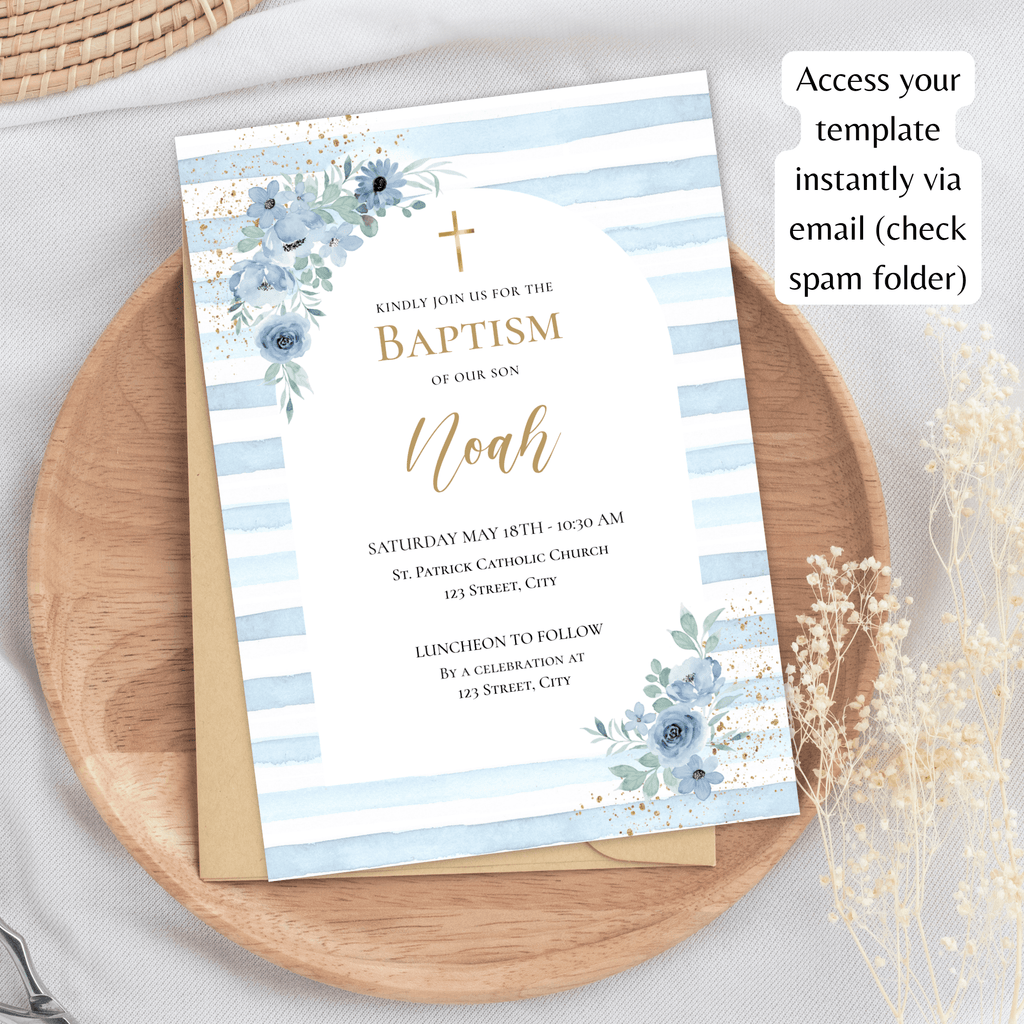 Boy Baptism Invitation | Blue Floral | Editable Corjl Template | Printable Christening Invite | Instant Download