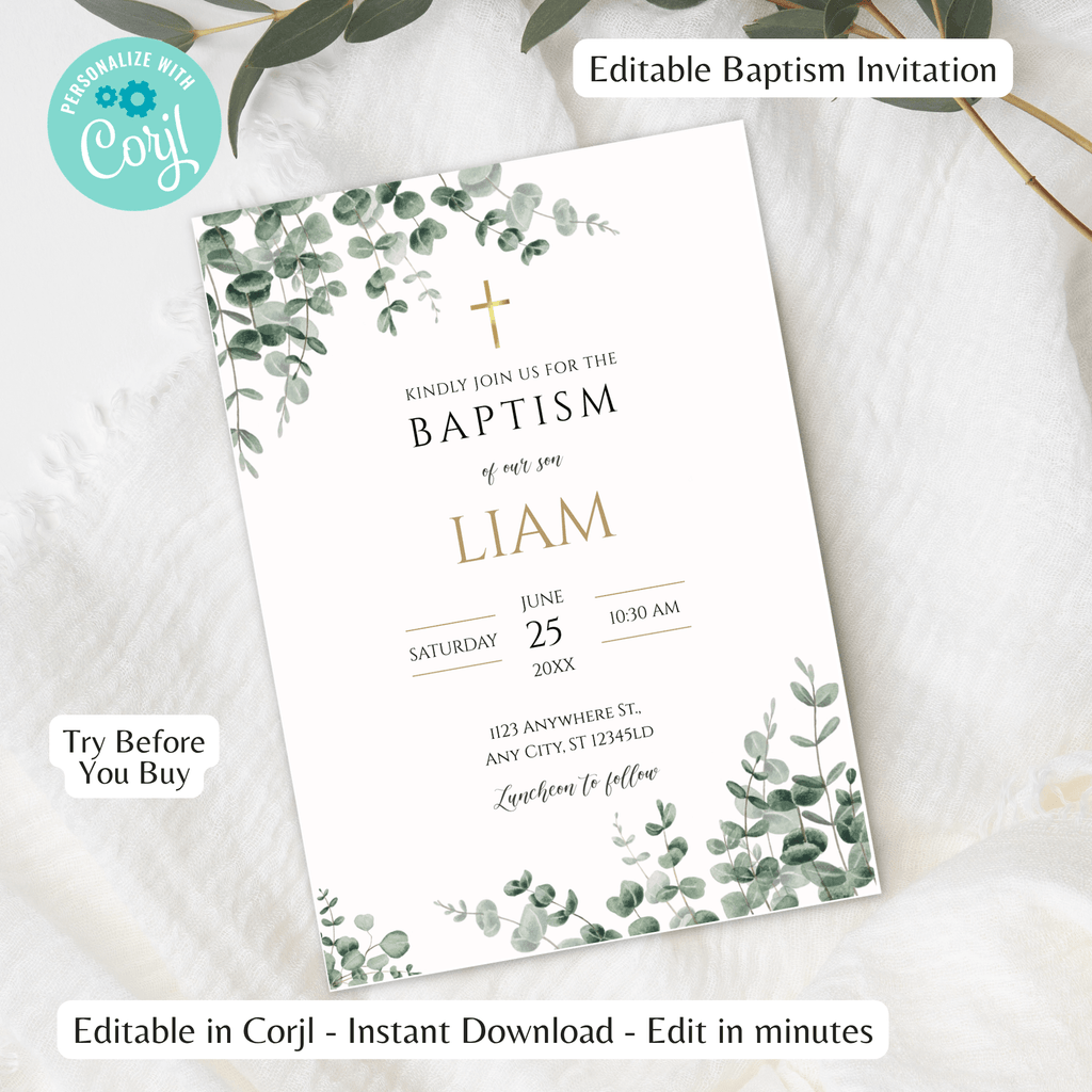 Boy Baptism Invitation | Greenery Eucalyptus & Gold Cross | Editable Corjl Template | Instant Download