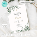 Boy Baptism Invitation | Greenery Eucalyptus & Gold Cross | Editable Corjl Template | Instant Download