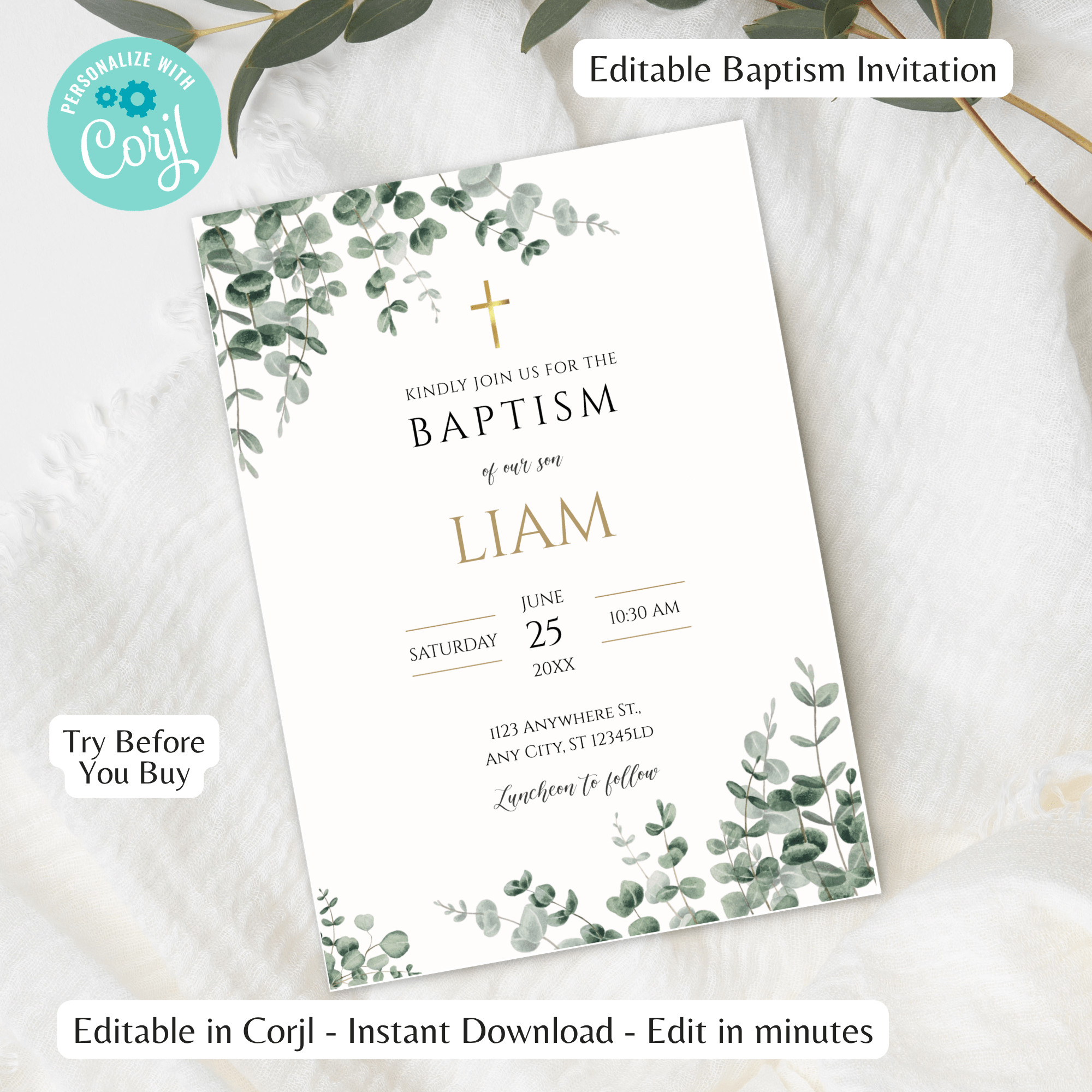 Boy Baptism Invitation | Greenery Eucalyptus & Gold Cross | Editable Corjl Template | Instant Download