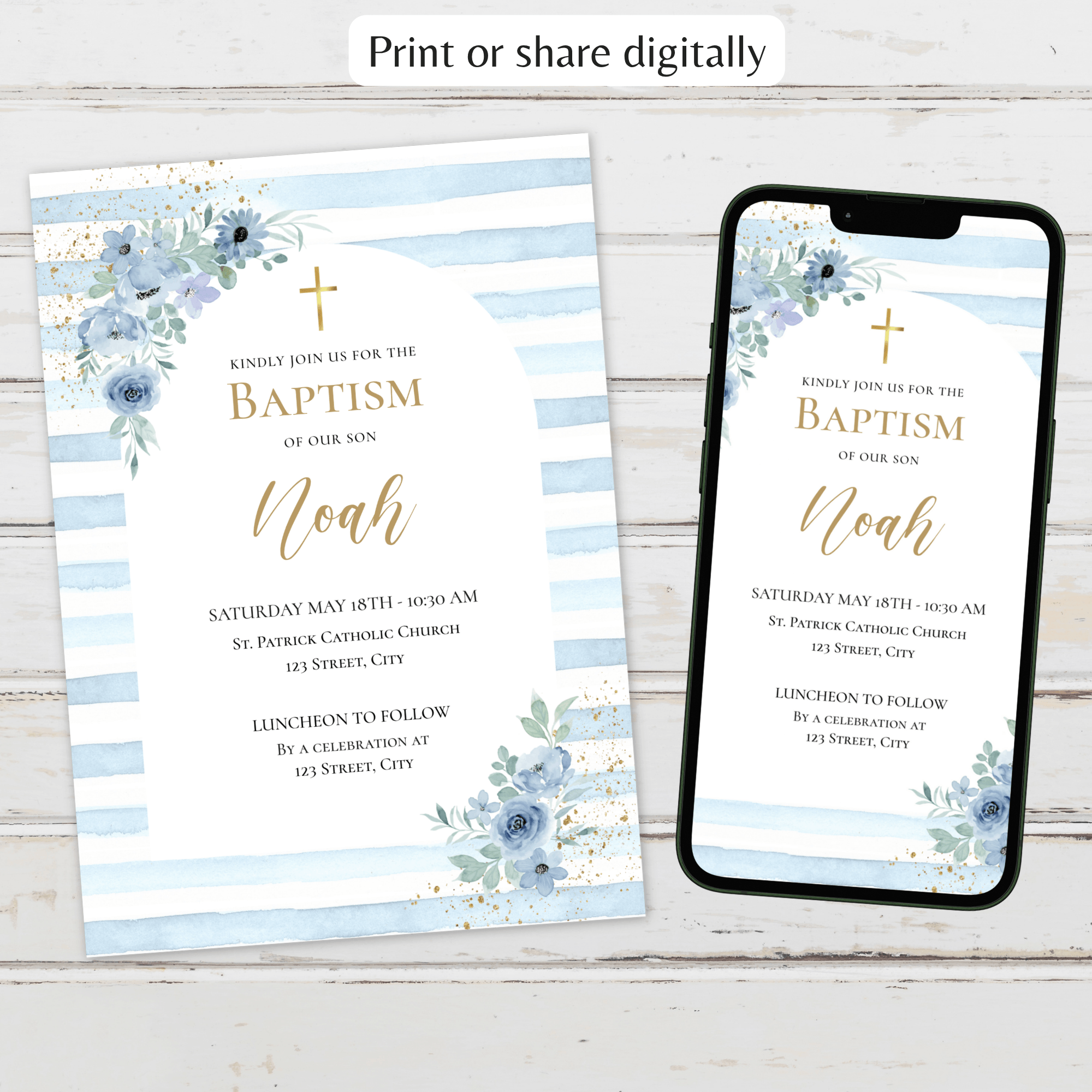 Boy Baptism Invitation | Blue Floral | Editable Corjl Template | Printable Christening Invite | Instant Download