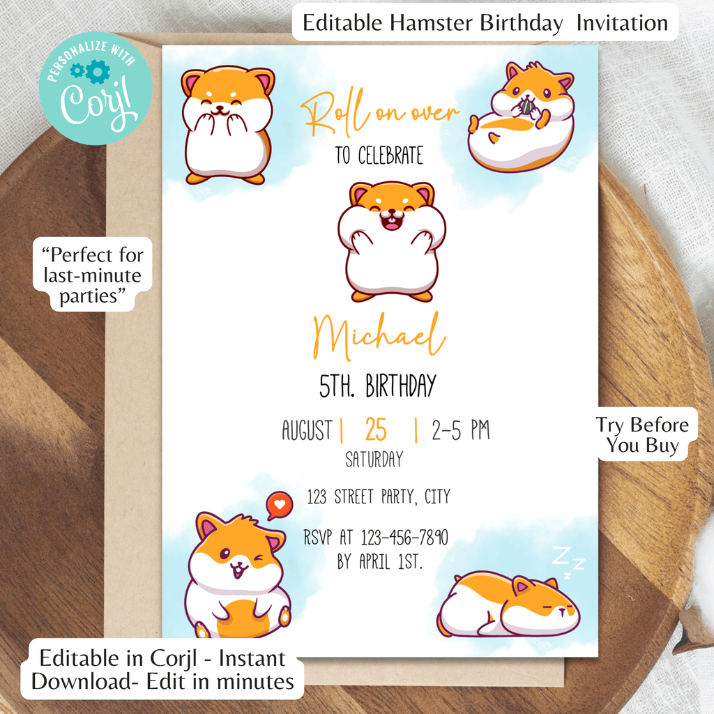 Hamster Birthday Invitation Template Instant Download