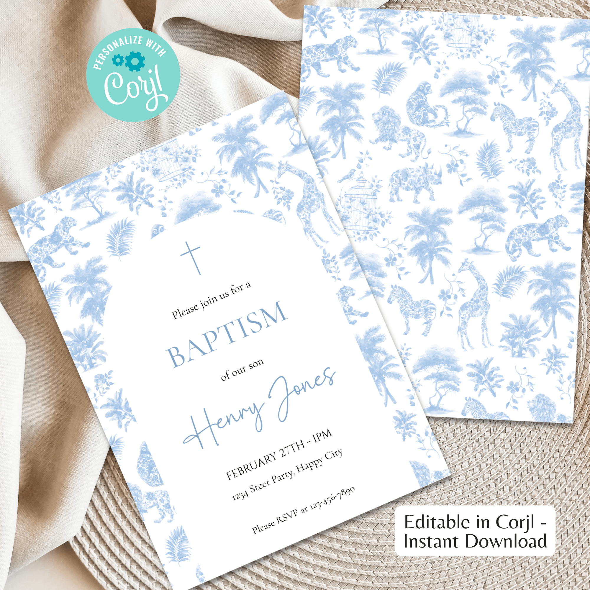 Boy Baptism Invitation | Safari Toile Blue Jungle | Editable Corjl Template | Instant Download