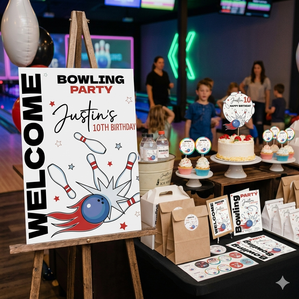 Bowling Birthday Party Bundle | Classic Bowling Decor Kit Boy | 8 Pieces | Editable Corjl Template | Instant Download