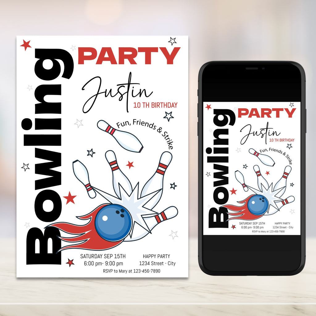Bowling Birthday Party Bundle | Classic Bowling Decor Kit Boy | 8 Pieces | Editable Corjl Template | Instant Download