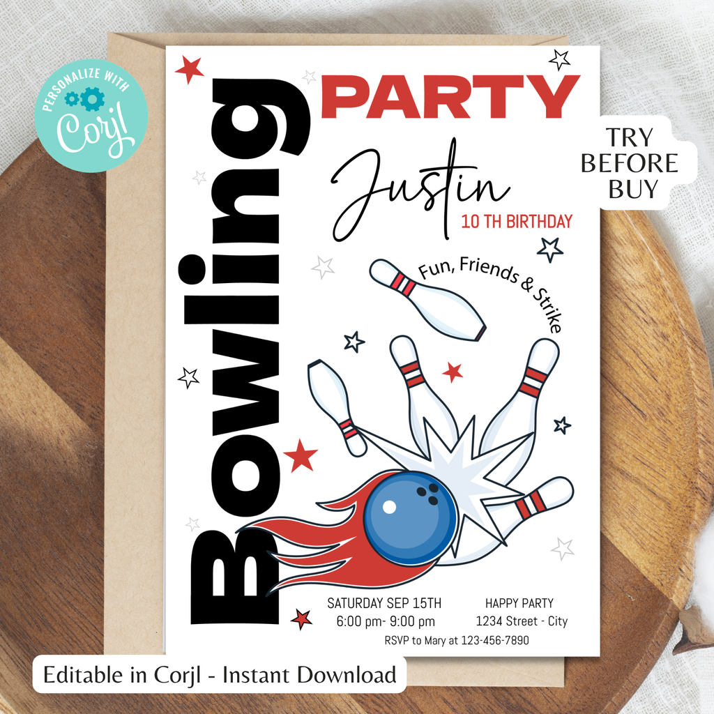 Bowling Birthday Party Bundle | Classic Bowling Decor Kit Boy | 8 Pieces | Editable Corjl Template | Instant Download
