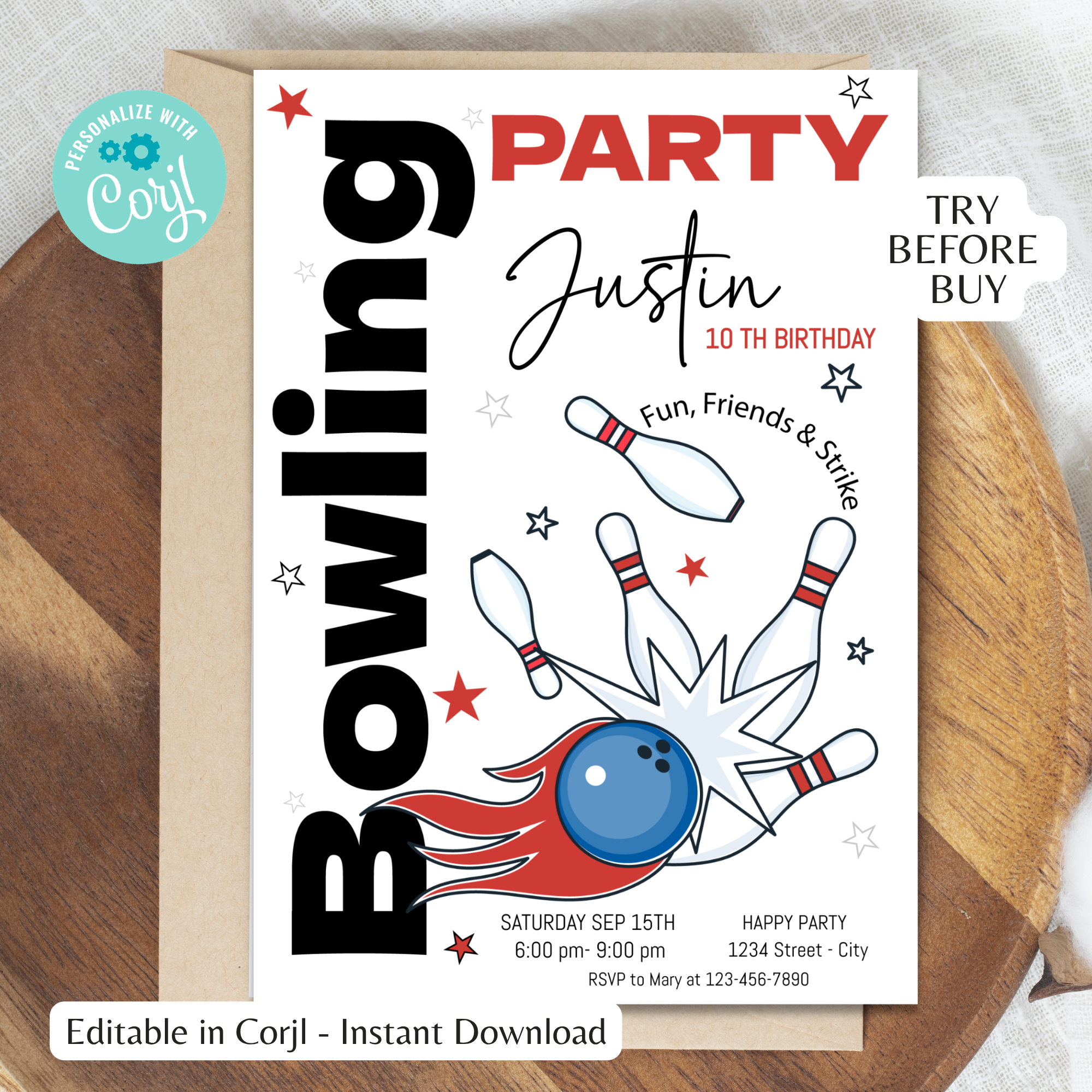 Bowling Birthday Party Bundle | Classic Bowling Decor Kit Boy | 8 Pieces | Editable Corjl Template | Instant Download