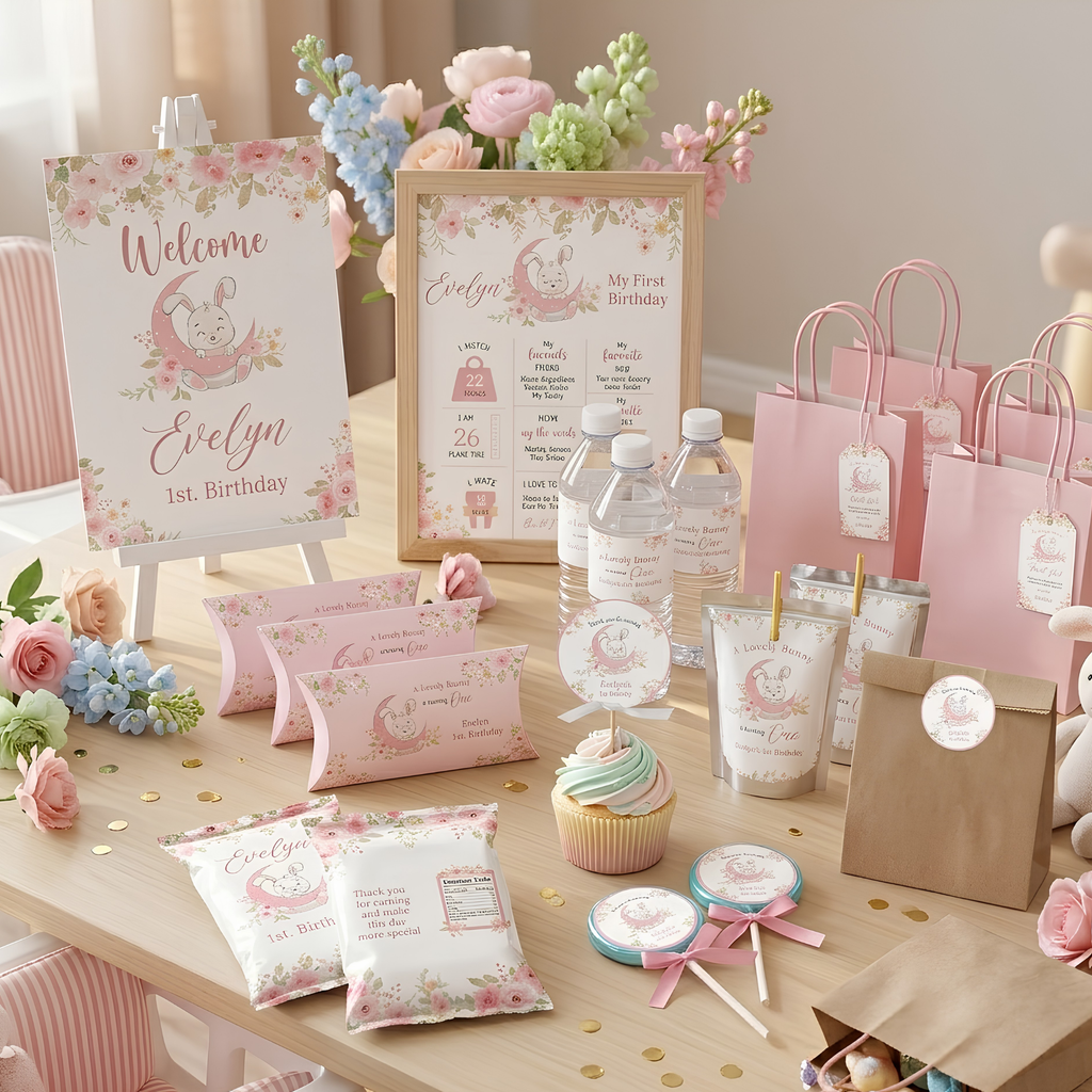 Bunny 1st Birthday Party Bundle | Pink Floral Girl | 10 Pieces | Editable Corjl Template | Instant Download