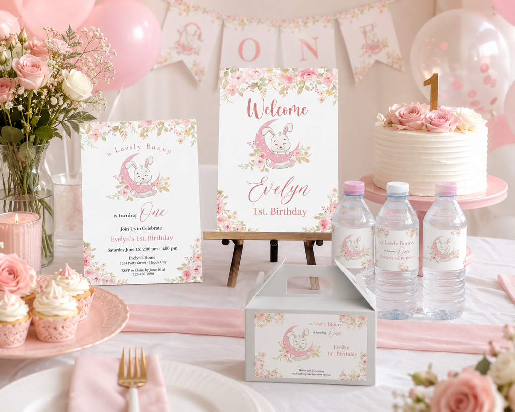 Kit de fête lapin, étiquette pour bouteille d'eau, invitation, panneau de bienvenue, kit imprimable pour le 1er anniversaire lapin, fichier numérique modifiable, cadeau d'invité lapin