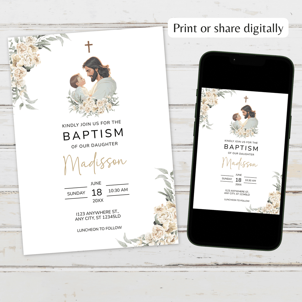 Girl Baptism Invitation | Catholic Christening | Floral Jesus & Baby | Editable Corjl Template | Instant Download