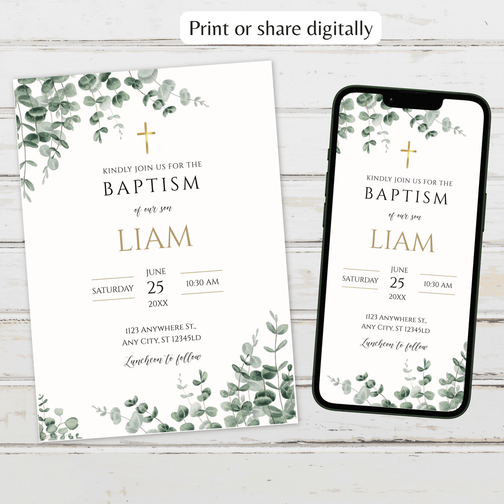 Boy Baptism Invitation | Greenery Eucalyptus & Gold Cross | Editable Corjl Template | Instant Download