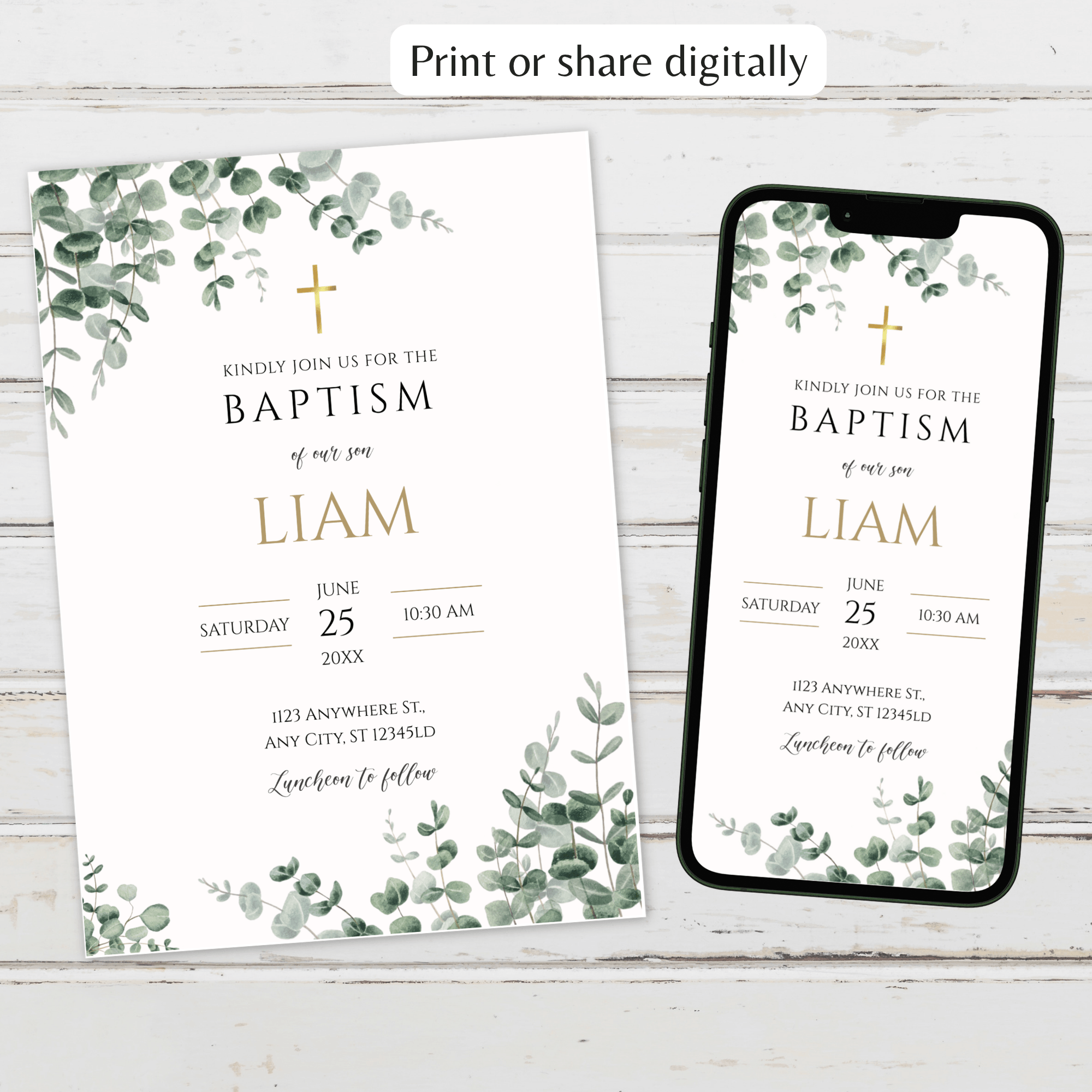Boy Baptism Invitation | Greenery Eucalyptus & Gold Cross | Editable Corjl Template | Instant Download