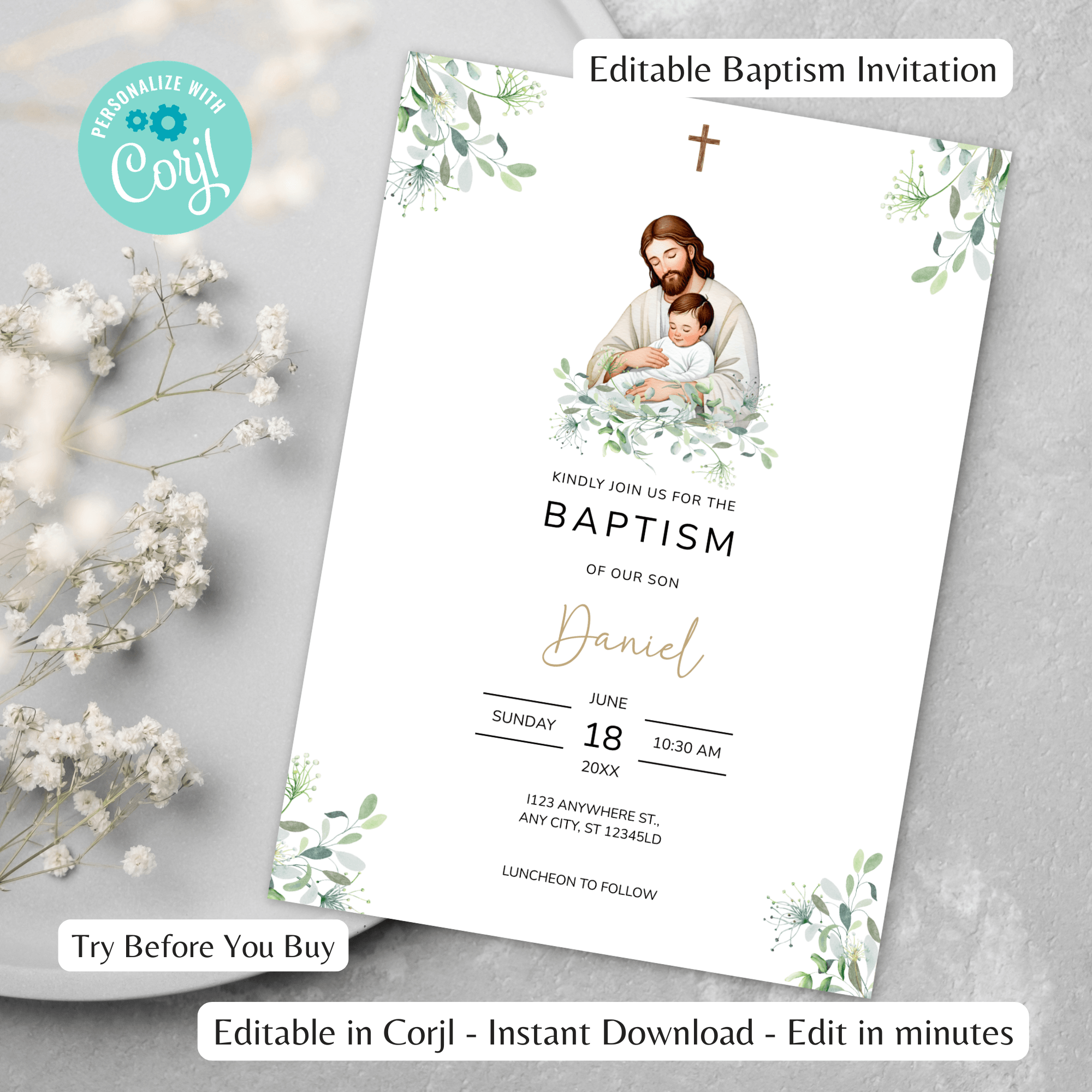 Jesus and Baby Baptism Invitation Instant download Digital Template