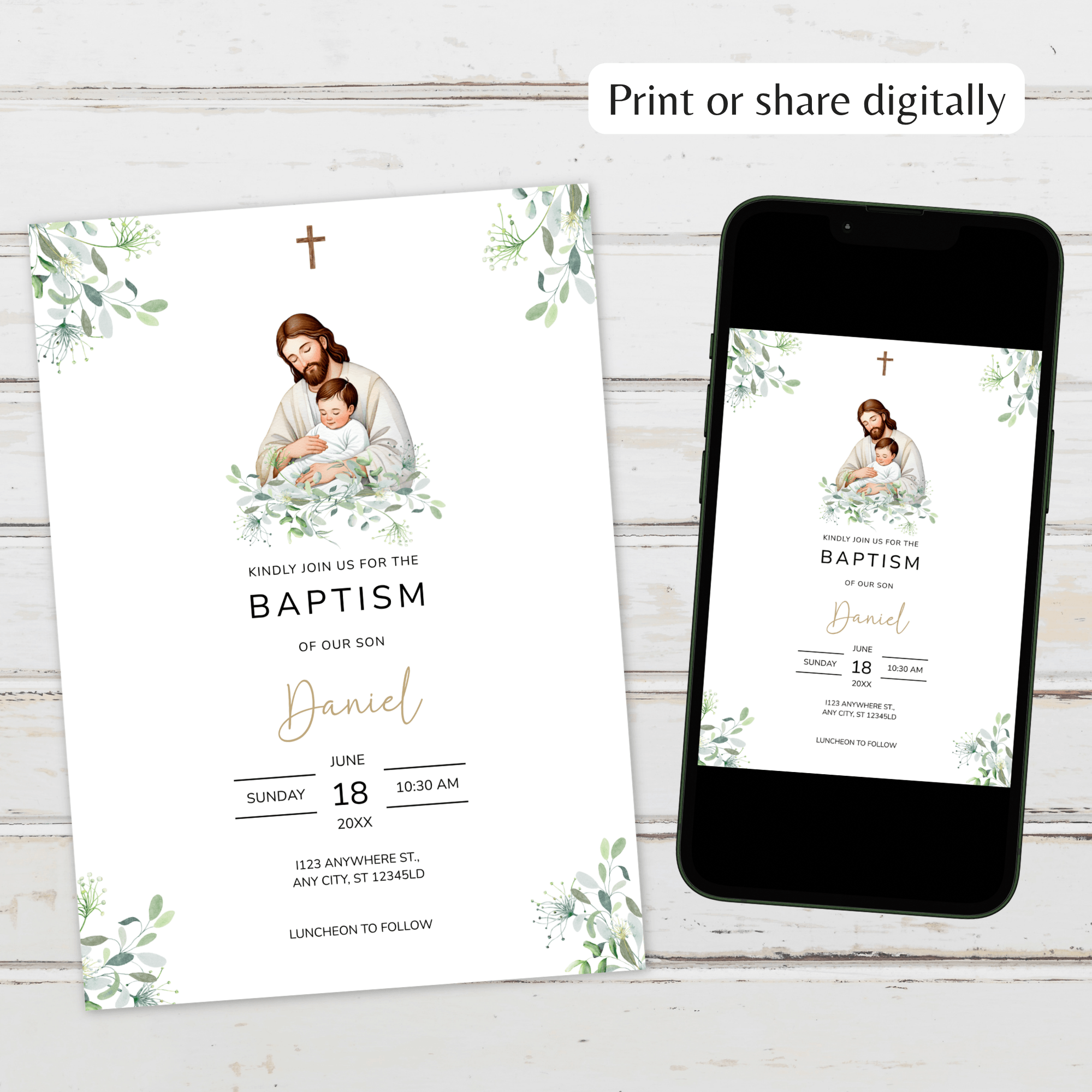 Jesus and Baby Baptism Invitation Instant download Digital Template