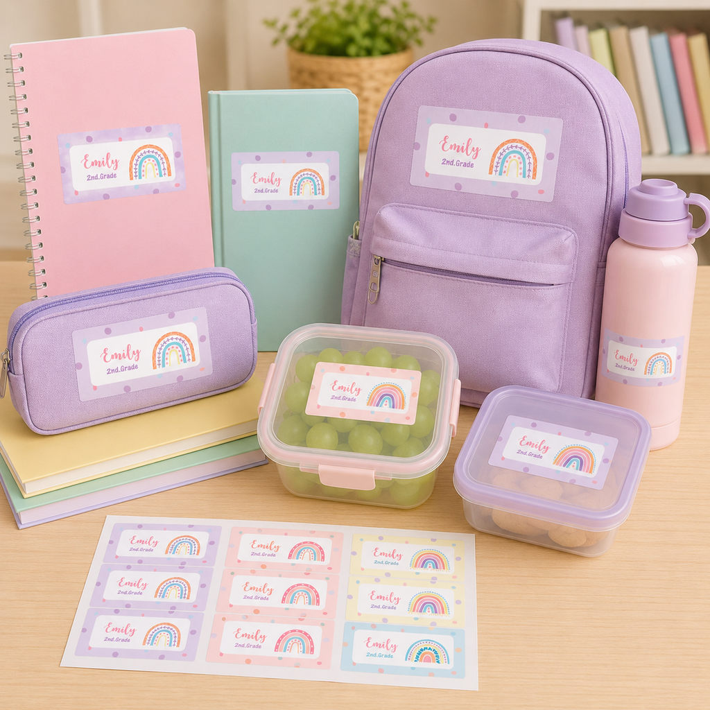 Etiquetas imprimibles de arcoíris, etiquetas preescolares, etiquetas personalizadas para niños, etiquetas con nombres para niños, pegatinas para útiles escolares, etiquetas con nombres para escuelas
