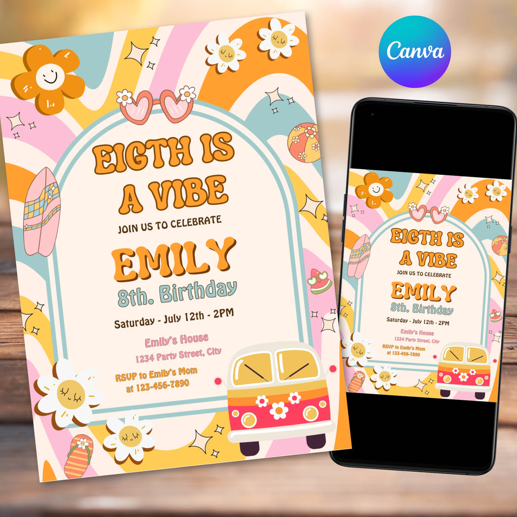 Eight is a Vibe Birthday Bundle | Groovy Girl Retro Party Kit | 15 Pieces | Editable Canva Template | Instant Download