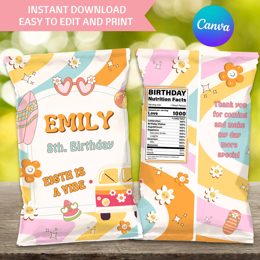 Eight is a Vibe Birthday Bundle | Groovy Girl Retro Party Kit | 15 Pieces | Editable Canva Template | Instant Download