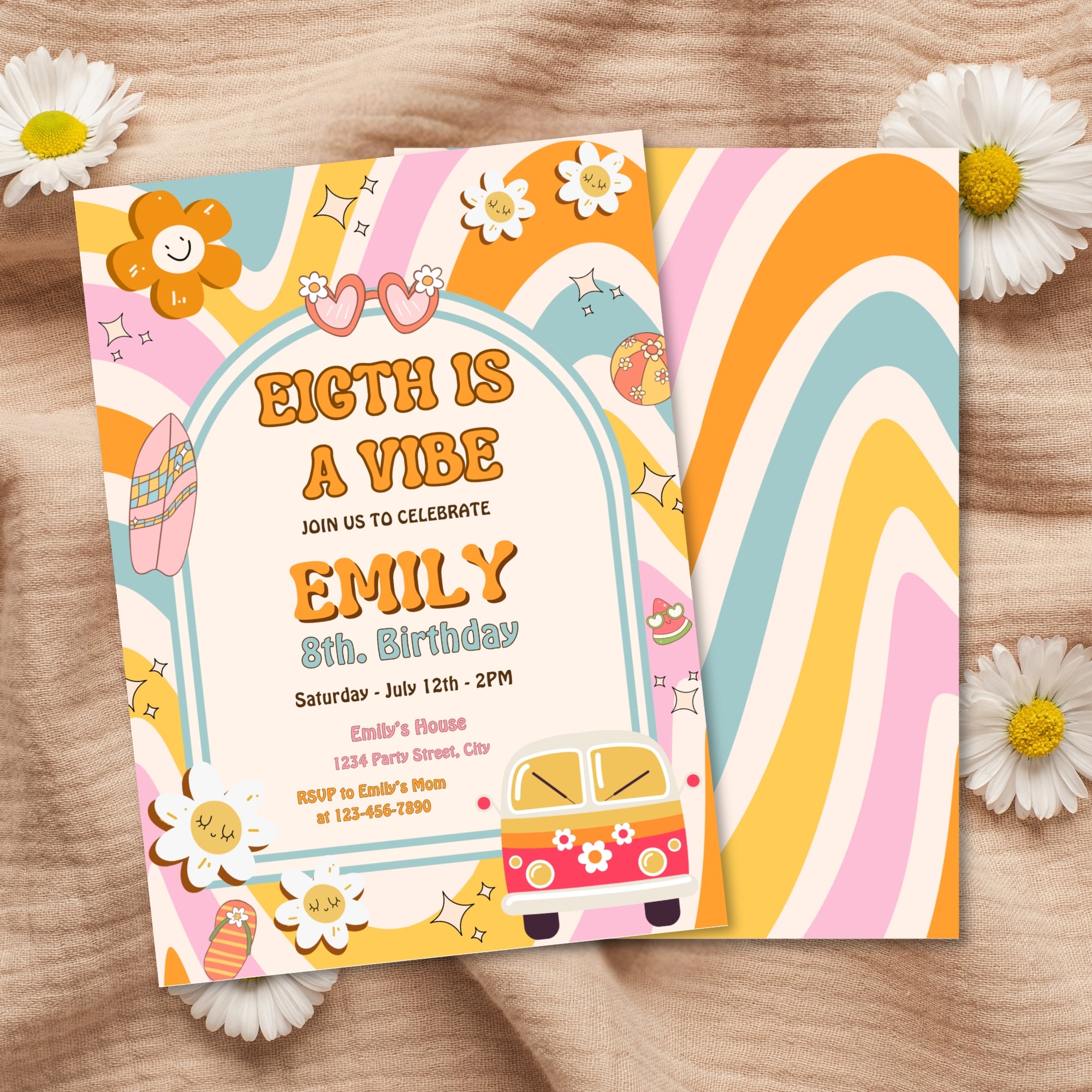 Eight is a Vibe Birthday Bundle | Groovy Girl Retro Party Kit | 15 Pieces | Editable Canva Template | Instant Download