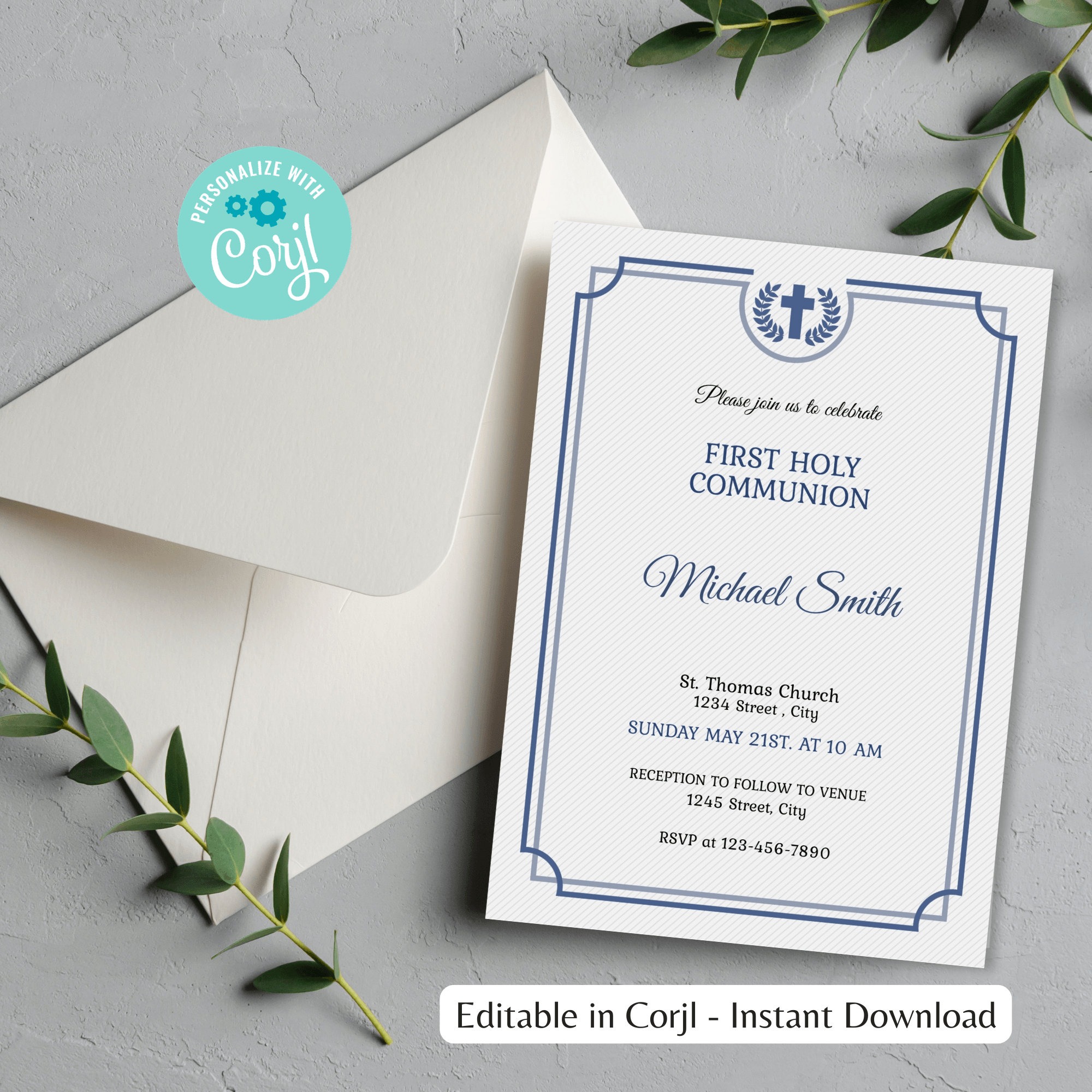First Holy Communion Invitation Editable Template - Elegant Boy Design