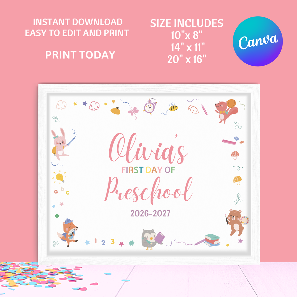 First Day of School Sign | Preschool Kindergarten Photo Prop | 3 Sizes | Editable Canva Template | Instant Download