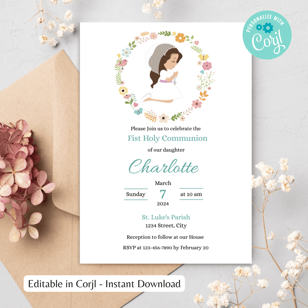 Plantilla editable para invitación de Primera Comunión de niña - Diseño floral