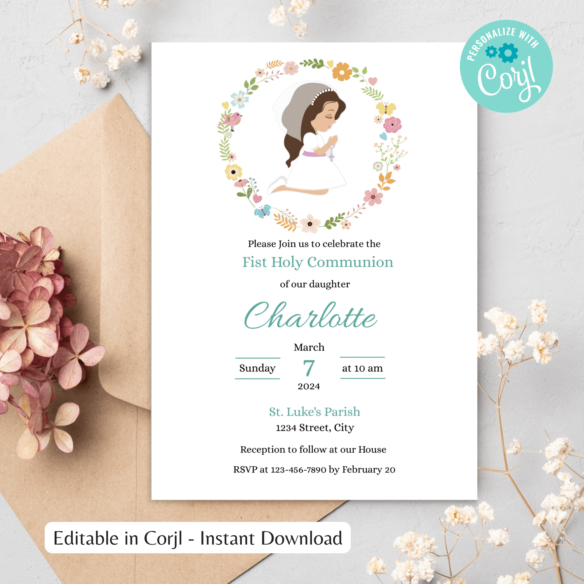 First Holy Communion Invitation Girl Editable Template - Floral Design