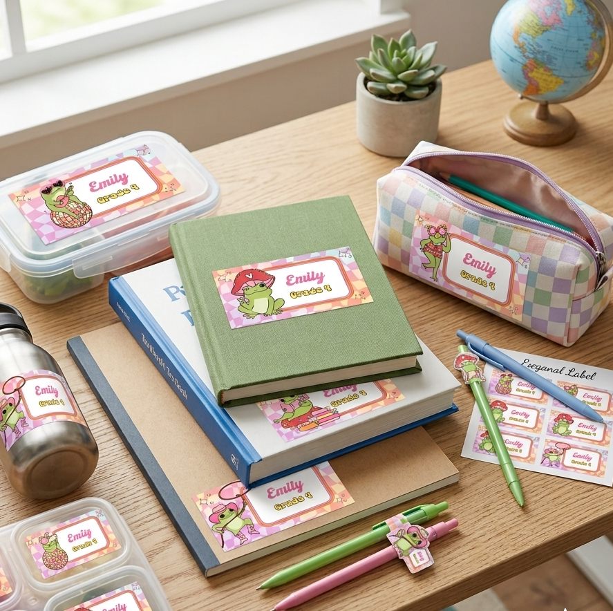 Retro Frog School Name Labels | Kids Funky Groovy Supply Stickers | Editable Corjl Template | Instant Download