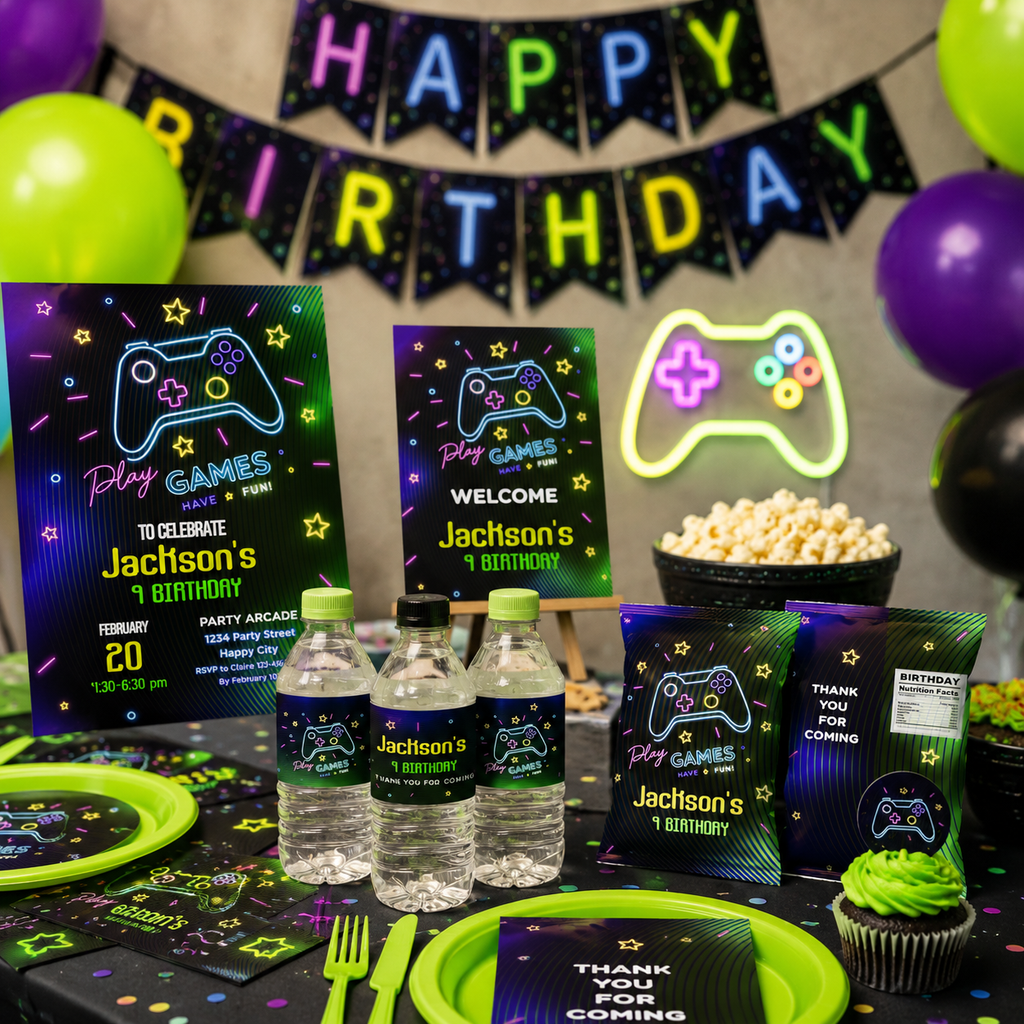 Neon Game Birthday Party Bundle | Gamer Party Kit | 4 Pieces | Editable Corjl Template | Instant Download